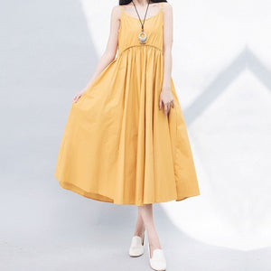 Mferlier Mori Girl Summer Solid Artsy A Line Dress Spaghetti Strap High Waist Pleated White Yellow Blue Dresses - 64 Corp