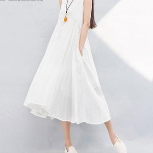 Mferlier Mori Girl Summer Solid Artsy A Line Dress Spaghetti Strap High Waist Pleated White Yellow Blue Dresses - 64 Corp