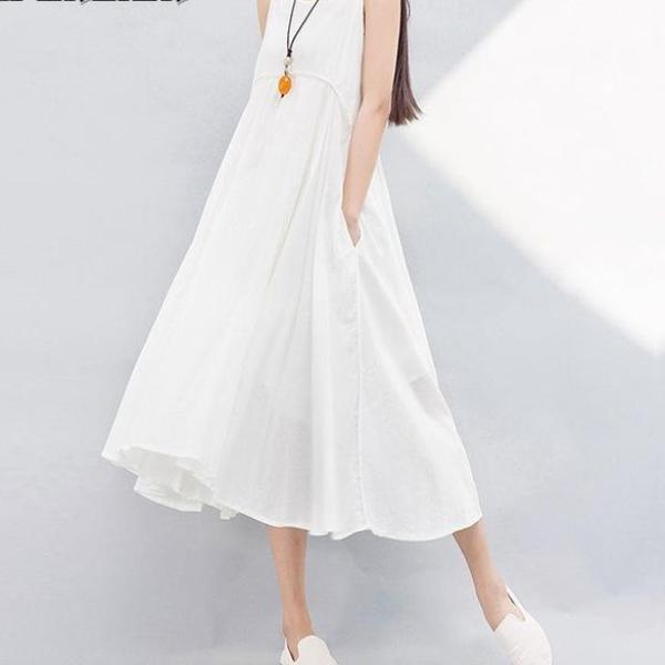Mferlier Mori Girl Summer Solid Artsy A Line Dress Spaghetti Strap High Waist Pleated White Yellow Blue Dresses - 64 Corp
