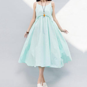 Mferlier Mori Girl Summer Solid Artsy A Line Dress Spaghetti Strap High Waist Pleated White Yellow Blue Dresses - 64 Corp
