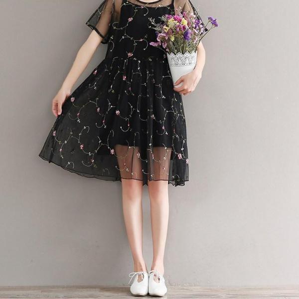 Mferlier Mori Girl Summer Mesh Embroidery Retro Dress O Neck Short Sleeve Women Artsy Waist Pleated Two Pieces Woman Dress - 64 Corp