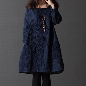 Mori Girl Autumn Artsy Embroidery Dress O Neck Long Sleeve Loose Blue Light Blue Wine Red Casual Dress AF163 - 64 Corp