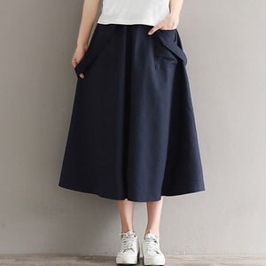 Mferlier Summer Womens Skirts Elastic Waist Removable Strap Two Front Pocket Cotton Linen Artsy Female Casual Skirts - 64 Corp