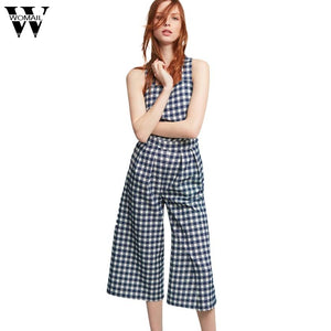 2017 New Fashion  White Blue Plaid Women Jumpsuits Back Cross Sleeveless Playsuits Casual Preppy Style Vintage Rompers AG31 - 64 Corp