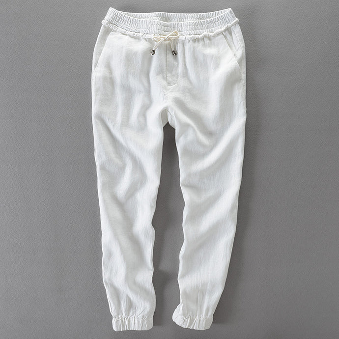 Pure color linen trousers male summer with nine minutes of pants, lacing wire feet nine minutes of pants casual pants loose sand - 64 Corp
