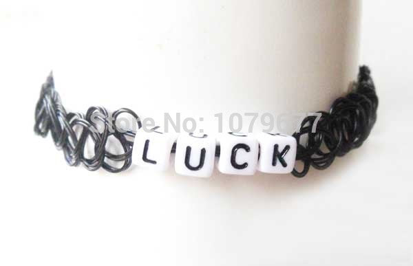 Black Fishing Wire Grunge Tattoo Choker Handmade LUCK Letters Woven Gothic Punk Elastic Necklace - 64 Corp