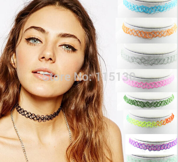 Vintage Stretchy Fishing Line Tattoo Choker Necklace for Women Gothic Rock Punk Grunge Henna Elastic Weave Collar Necklaces Purple 3 Piece