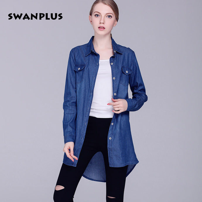 Womens Denim Shirts Blue Color 2018 New Fashion Ladies Blouses Cardigans Lapel Neck Long Sleeve Female Casual Cowgirl Long Tops - 64 Corp
