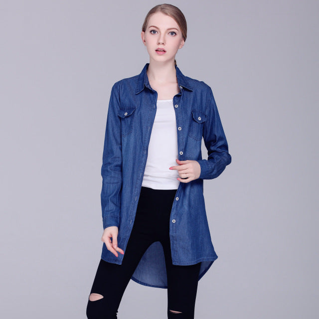 Womens Denim Shirts Blue Color 2018 New Fashion Ladies Blouses Cardigans Lapel Neck Long Sleeve Female Casual Cowgirl Long Tops - 64 Corp