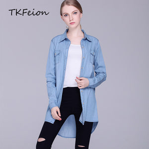 Womens Denim Shirts Blue Color 2018 New Fashion Ladies Long Blouses Cardigans Lapel Neck Long Sleeve Female Casual Cowgirl Tops - 64 Corp