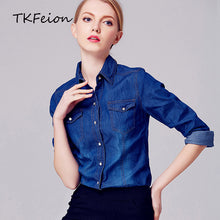 Womens Fashion Denim Shirt Lapel Neck 2018 Spring Autumn Female Cowboy Tops Long Sleeve with Pockets Ladies Cowgirl Blouses Blue - 64 Corp