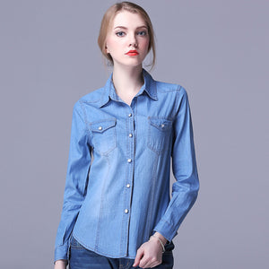 Womens Fashion Denim Shirt Lapel Neck 2018 Spring Autumn Female Cowboy Tops Long Sleeve with Pockets Ladies Cowgirl Blouses Blue - 64 Corp