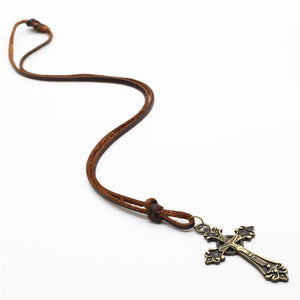 Handmade Vintage Brown Genuine Cowhide Leather Rope Chain Bronze Cross Pendant Necklace Men Women Homme Male Cowboy Jewelry - 64 Corp