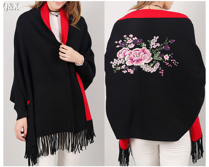 SC15 2017 Scarf Winter Faux Cashmere Poncho Women Solid Female Long Sleeves Wrap Vintage Shawl With Back Embroidered Floral - 64 Corp