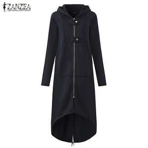 ZANZEA 2018 Autumn Hooded Long Sleeve Zip Sweatshirt Hoodies Coat Women Solid Long Jacket Irregular Hem Black Outwear Plus Size