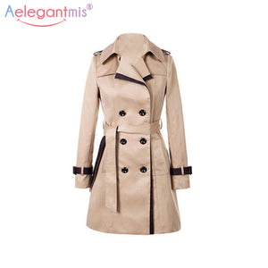 Aelegantmis 2018 Autumn Women Double Breasted Long Trench Coat Khaki With Belt Classic Casual Office Lady Business Outwear Fall