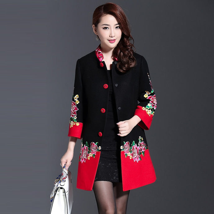 Plus Size 4XL Cashmere Flower Embroidery Women Winter Long Coats 2018 Black Red Patchwork Single Breasted Eleagnt Overcoat