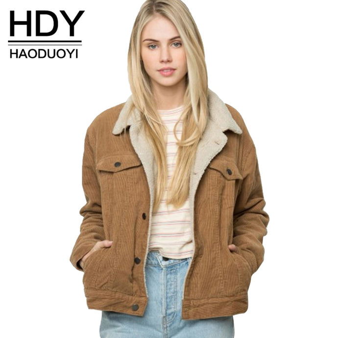 HDY Haoduoyi Winter Casual  Brown Corduroy Long Sleeve Turn-down Collar Jacket Single Breasted Basic Women Warm Coat