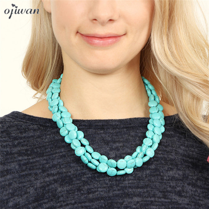 Triple Strand Stones Beaded Statement Necklace - 64 Corp