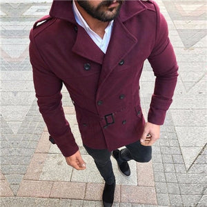 Wool Trench Coat Outerwear Turn-Down Collar England Double Breasted Slim Fit Wool Overcoat with Belt Men Jacket casaco masculino