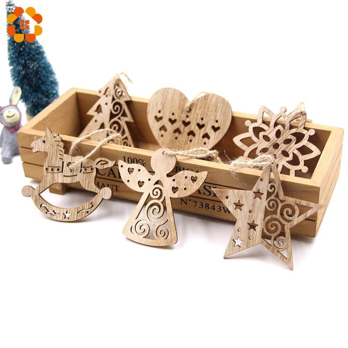 6PCS European Hollow Christmas Snowflakes Wooden Pendants Ornaments for Xmas Tree Ornament Christmas Party Decorations Kids Gift