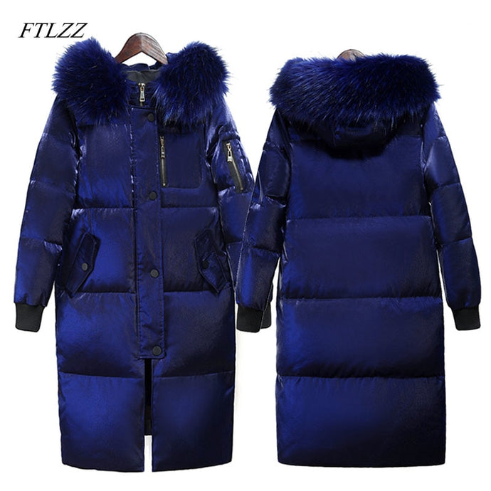 FTLZZ Winter Long Down Jacket Women Big Fur Collar Hooded White Duck Down Long Parkas Coat Female Slim Snow Outerwear