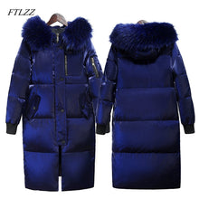FTLZZ Winter Long Down Jacket Women Big Fur Collar Hooded White Duck Down Long Parkas Coat Female Slim Snow Outerwear