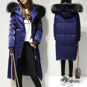 FTLZZ Winter Long Down Jacket Women Big Fur Collar Hooded White Duck Down Long Parkas Coat Female Slim Snow Outerwear