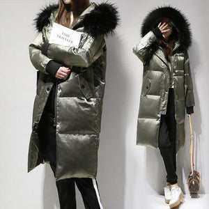 FTLZZ Winter Long Down Jacket Women Big Fur Collar Hooded White Duck Down Long Parkas Coat Female Slim Snow Outerwear
