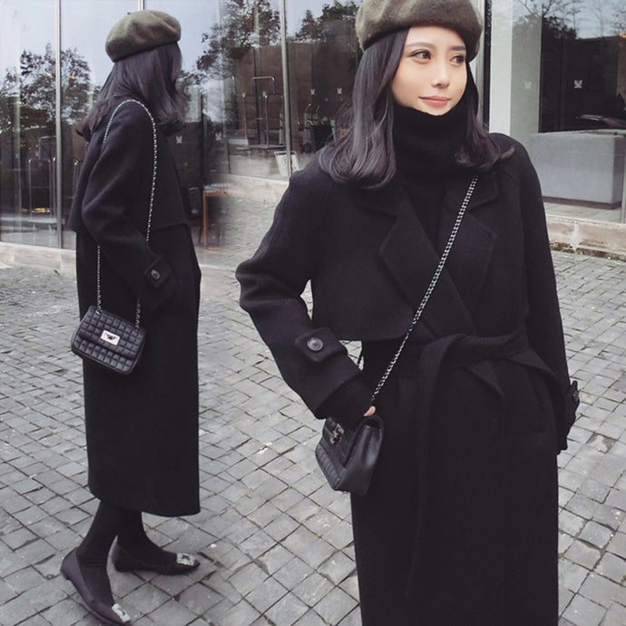 2018 New Spring Woolen Coat Women Long Woolen Coat Female Black Winter Coats Long Outerwear for Women  S/M/L/XL/XXL