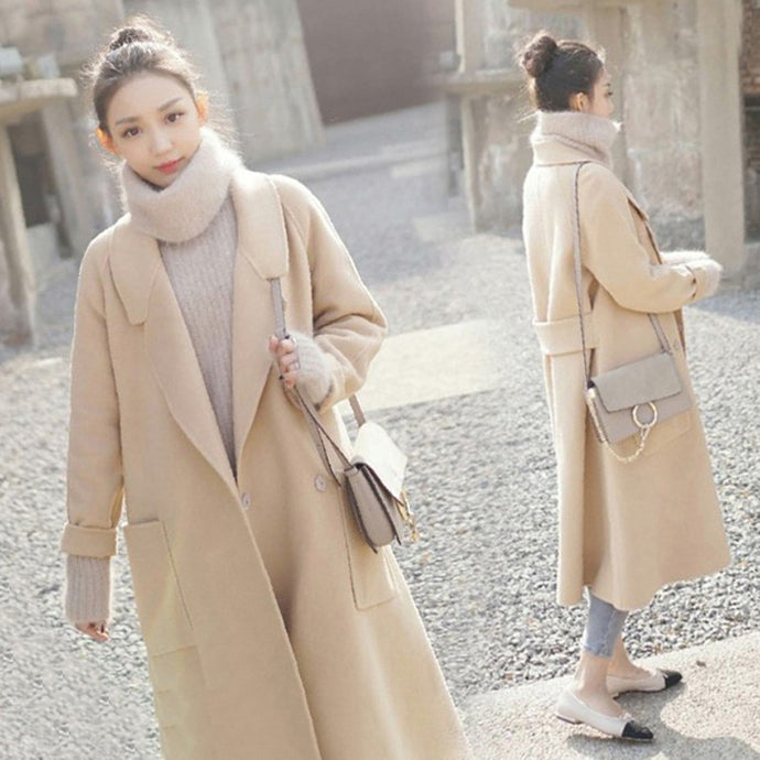 2018 Korean Autumn Winter Women Long Wool Blend Coat  Plus Size Casual Loose Warm Casaco Feminino Simple Woolen Midi Outerwear