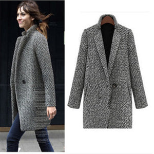 2017 Winter Coat Women Houndstooth Cotton Blend Coat Single Button Pocket Oversize Long Trench Coat Outerwear Woolen Coat Woman