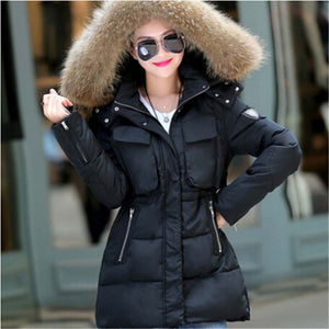 AILOOGE 2017 Winter Jacket Women Thickening Slim Long Cotton Padded Coat Fur Hood Parka Women Manteau Femme