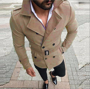 Wool Trench Coat Outerwear Turn-Down Collar England Double Breasted Slim Fit Wool Overcoat with Belt Men Jacket casaco masculino