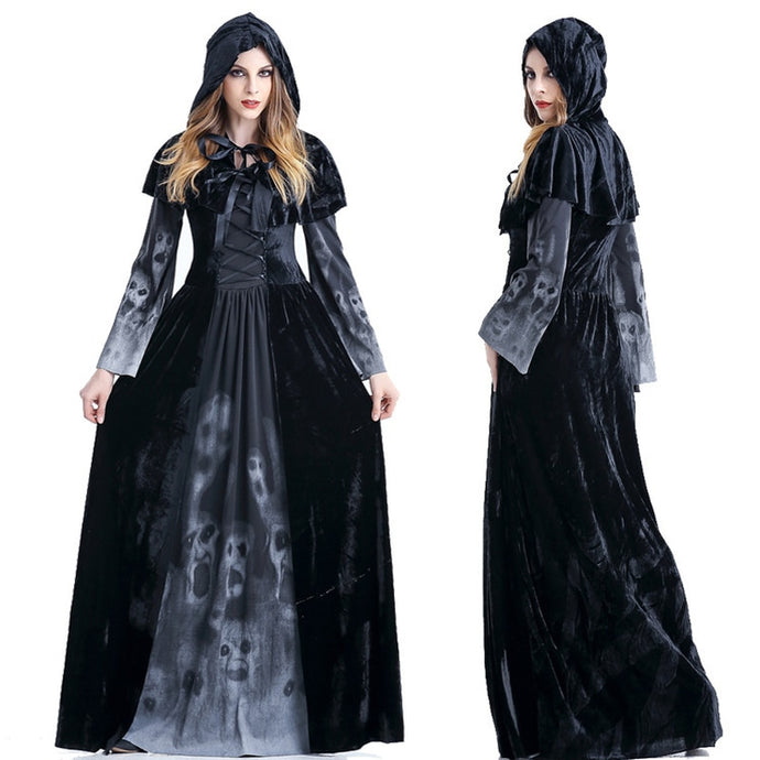 Gothic Witch Dress Ghost Skull Print Devil Black Floor Length Fancy Party Dress For Women Autumn Winter Halloween Party Dress