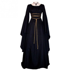 Women Gown Halloween Dress Evening Party Long Sleeve Gothic Medieval Crew Neck Ladies Party Cosplay Dress